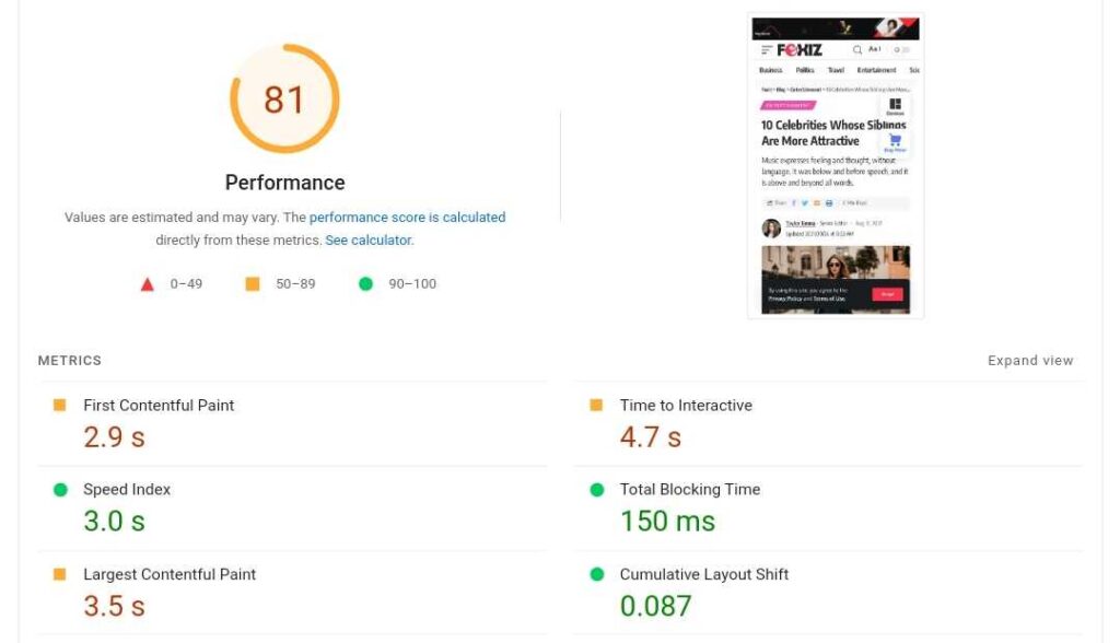 foxiz theme pagespeed test with google for mobile optimized