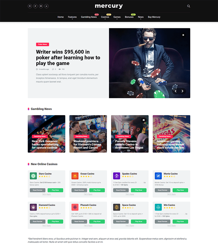 mercury affiliate and casino wordpress theme optimized