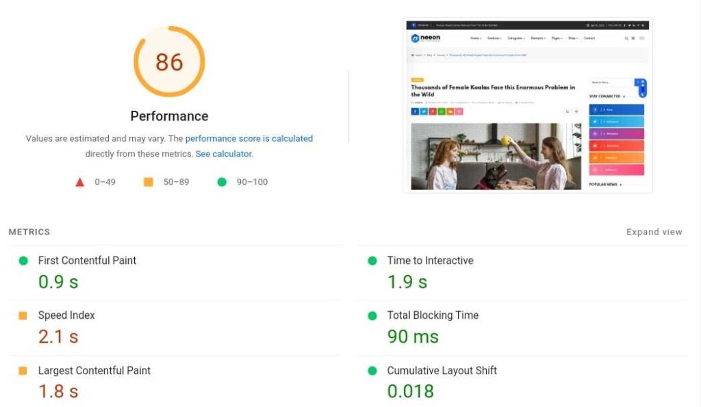 Neeon Theme Review - Best News and Blog Theme in 2022 16 neeon wordpress theme page speed test with google desktop optimized