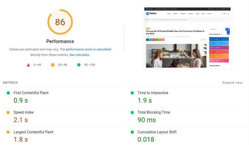 neeon wordpress theme page speed test with google desktop optimized