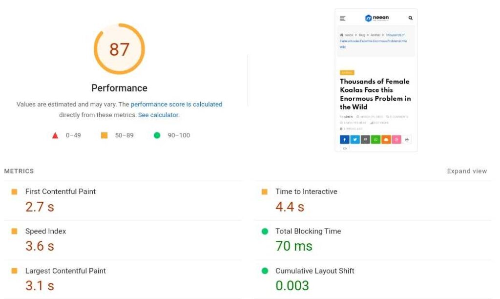neeon wordpress theme page speed test with google mobile optimized