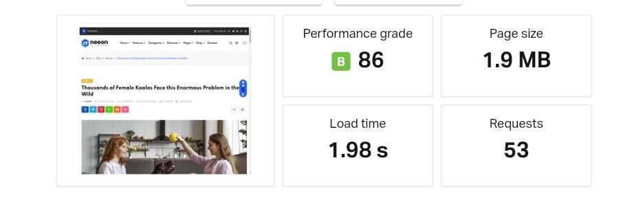 neeon wordpress theme page speed test with pingdom tool optimized